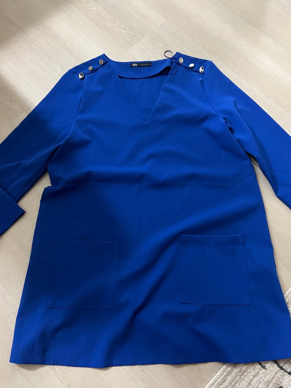 Zara Cobalt Blue V-Neck Shift Dress with Shoulder Button Detail | Never Worn